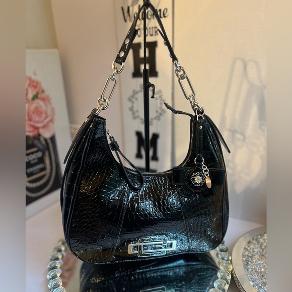 Guess Y2K Black Crocodile-Embossed Women's  shoulder Bag - Picture 3 of 10